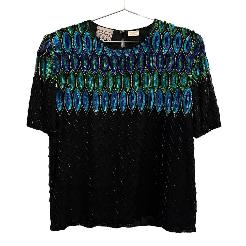Stenay Silk Vintage Black, Blue & Gold Sequin Short Sleeve Top M